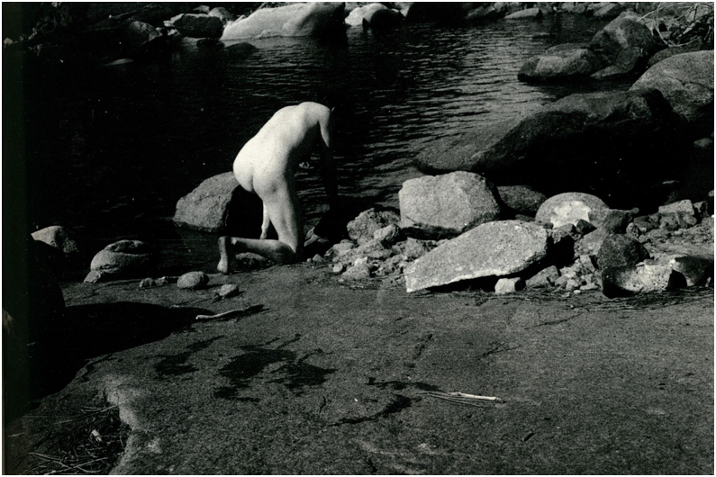 R. M. Schindler kneeling nude in Yosemite, October 1921. Photographed by Pauline Gibling Schindler.